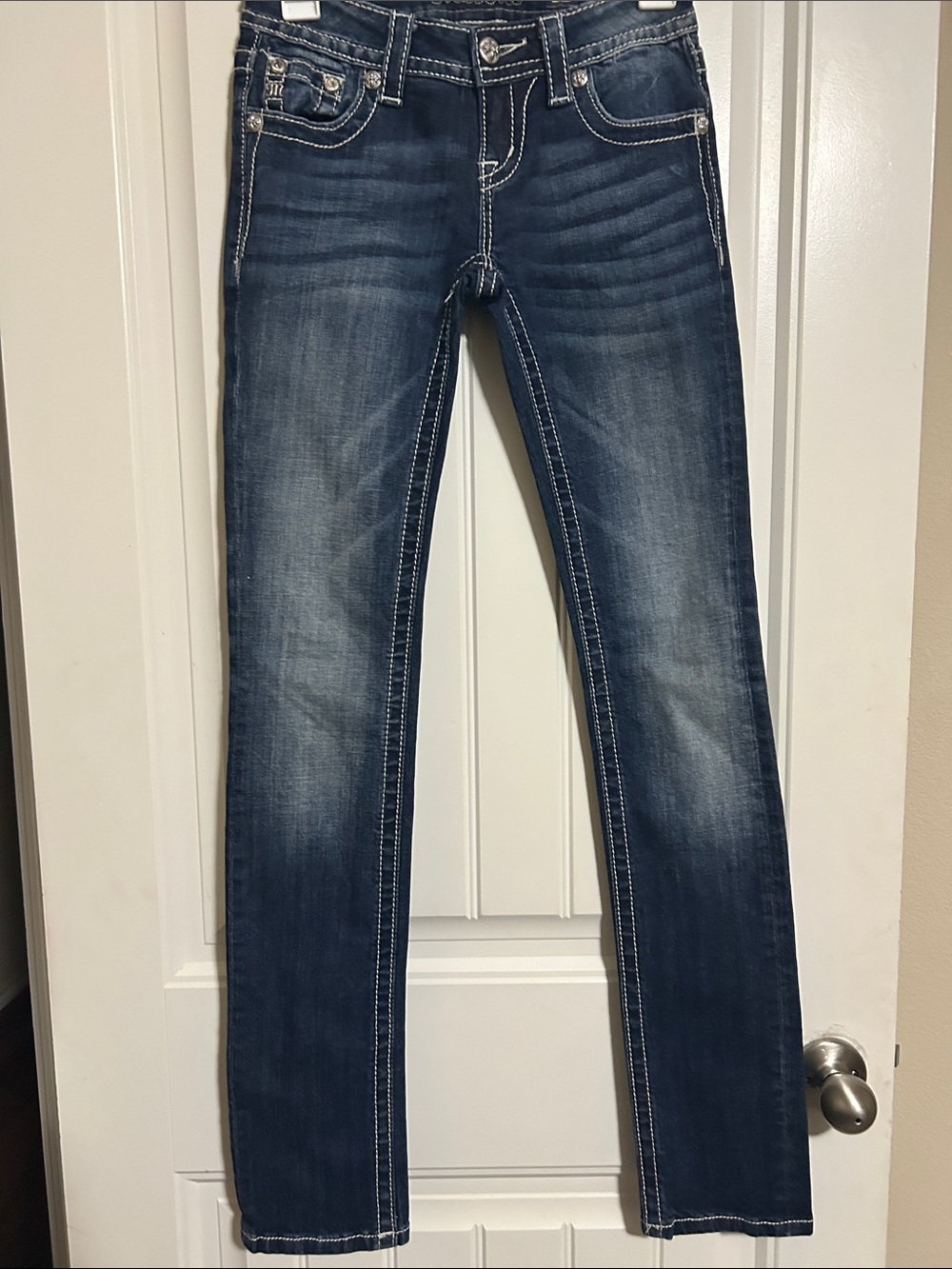 Miss Me Dark Blue Skinny Jeans with Contrast Stitching